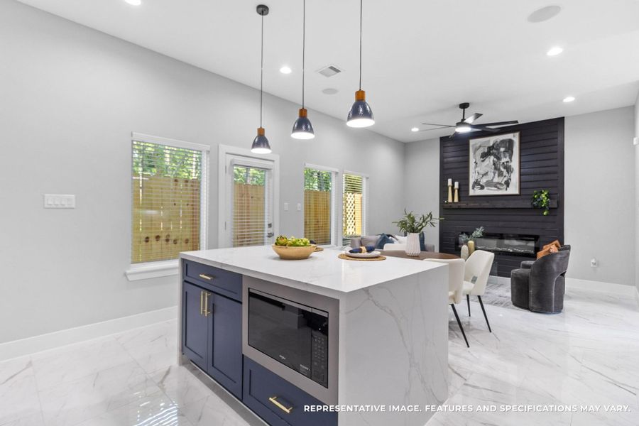 Standing at the island, you appreciate how the open view connects your kitchen to the living space, so you never miss a moment of the conversation. Standing at the island, you appreciate how the open view connects your kitchen to the living space, so you never miss a moment of the conversation.