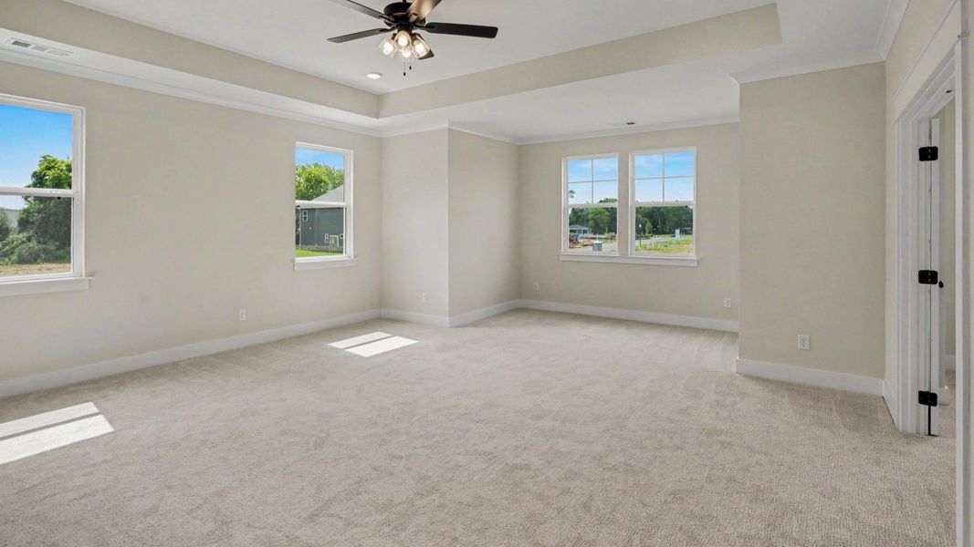 Primary suite with tray ceiling, ceiling fan, and carpet Primary suite with tray ceiling, ceiling fan, and carpet