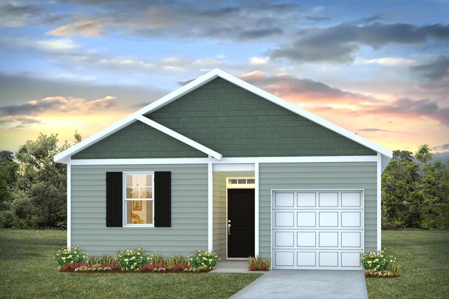Front exterior of a new home in Pine Hills at Cane Bay, Summerville, SC, highlighting curb appeal (Image 1). Front exterior of a new home in Pine Hills at Cane Bay, Summerville, SC, highlighting curb appeal (Image 1).