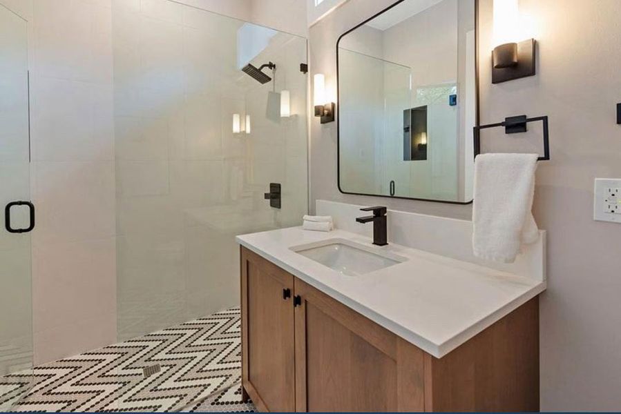 Full bath with vanity and a shower stall
