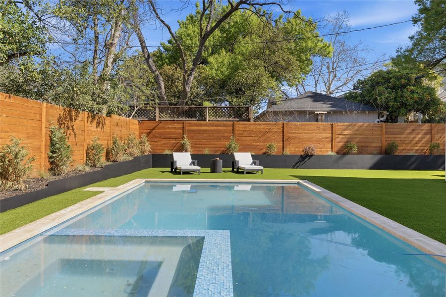 Integrated pool / spa featuring a fenced backyard and a patio area
