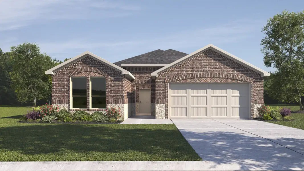 Front exterior of a new home in Madera, Royse City, TX, highlighting curb appeal (Image 1). Front exterior of a new home in Madera, Royse City, TX, highlighting curb appeal (Image 1).