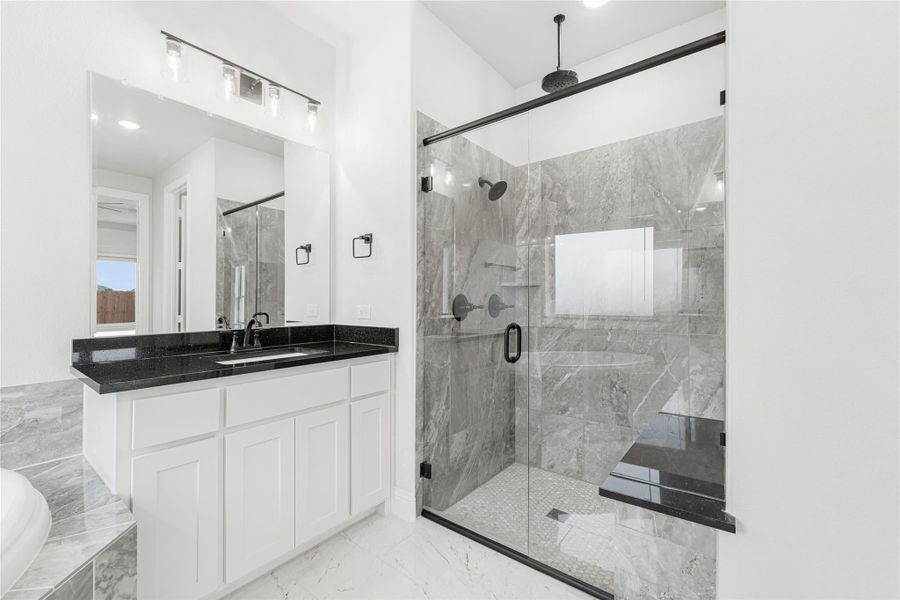 Bathroom with white vanity, dark countertop, and glass-enclosed walk-in shower with gray marble tile walls.