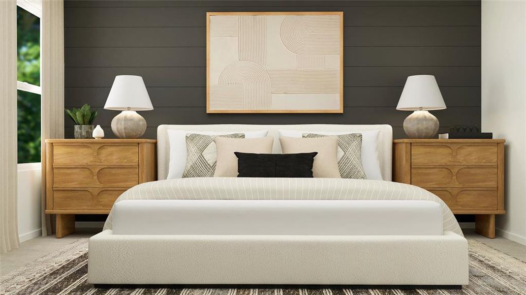 Bedroom featuring carpet floors and wooden walls