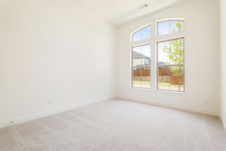 Unfurnished room featuring plenty of natural light, vaulted ceiling, and carpet flooring