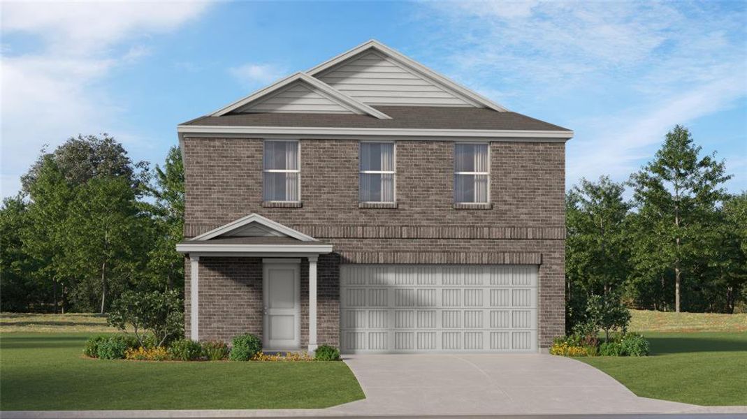Two-story residence featuring a brick facade with light siding accents Two-story residence featuring a brick facade with light siding accents