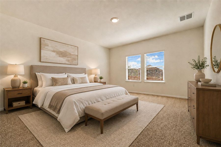 Virtually staged - Primary bedroom, featuring recessed lighting, soft carpet flooring and abundant natural light.
