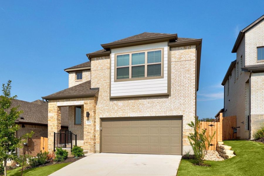 Front exterior of a new home in Lakeside at Tessera, Lago Vista, TX, highlighting curb appeal (Image 18).