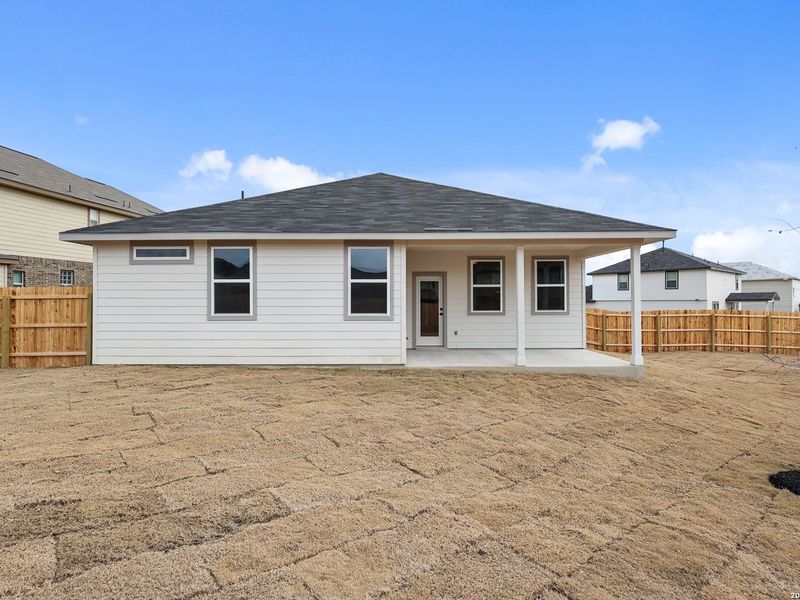 Exterior details and patio area of a home in Horizon Pointe, Converse (Image 23).