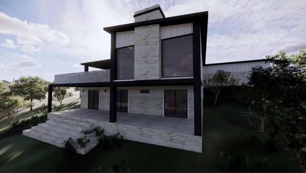 RENDERING - Rear view of house with stone siding and a patio