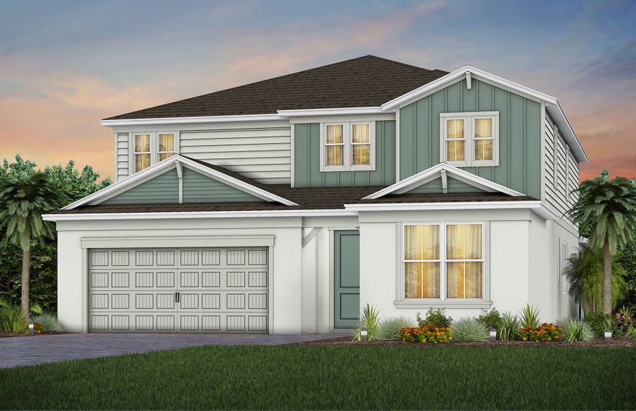 Front exterior of a new home in Bridgewalk, St. Cloud, FL, highlighting curb appeal (Image 1). Front exterior of a new home in Bridgewalk, St. Cloud, FL, highlighting curb appeal (Image 1).