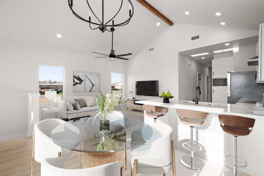 Dining area featuring recessed lighting, light wood finished floors, and ceiling fan