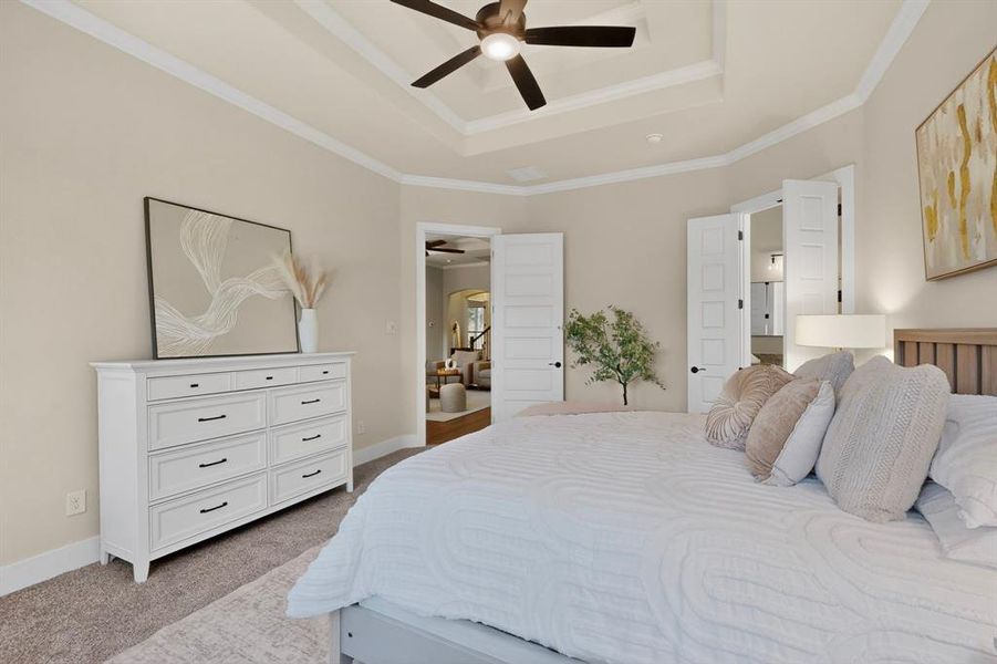 Tray ceiling with crown molding and a ceiling fan, plush carpet flooring, light-toned walls, and white paneled doors