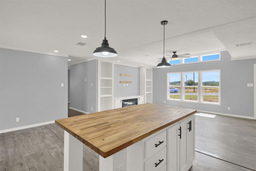 An open floorplan connects the central kitchen island to the main living areas.