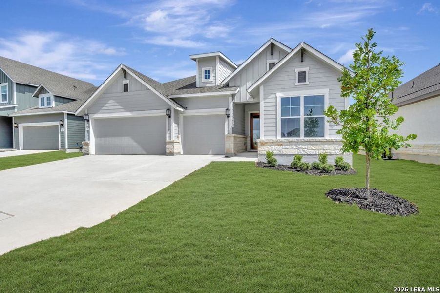 Front exterior of a new home in The Crossvine 55’, Schertz, TX, highlighting curb appeal (Image 2). Front exterior of a new home in The Crossvine 55’, Schertz, TX, highlighting curb appeal (Image 2).