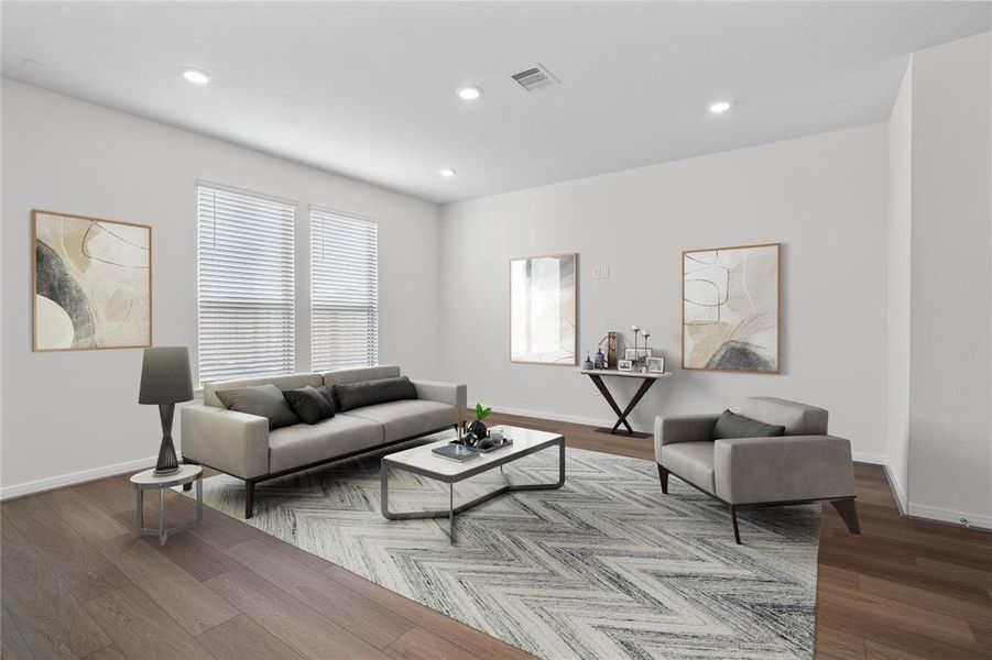 Gather the family and guests together in your lovely living room! Featuring high ceilings, recessed lighting, custom paint, gorgeous floors and large windows that provide plenty of natural lighting throughout the day.