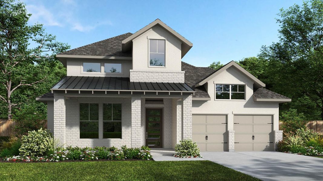 Front exterior of a new home in Colton 55', Montgomery, TX, highlighting curb appeal (Image 2).