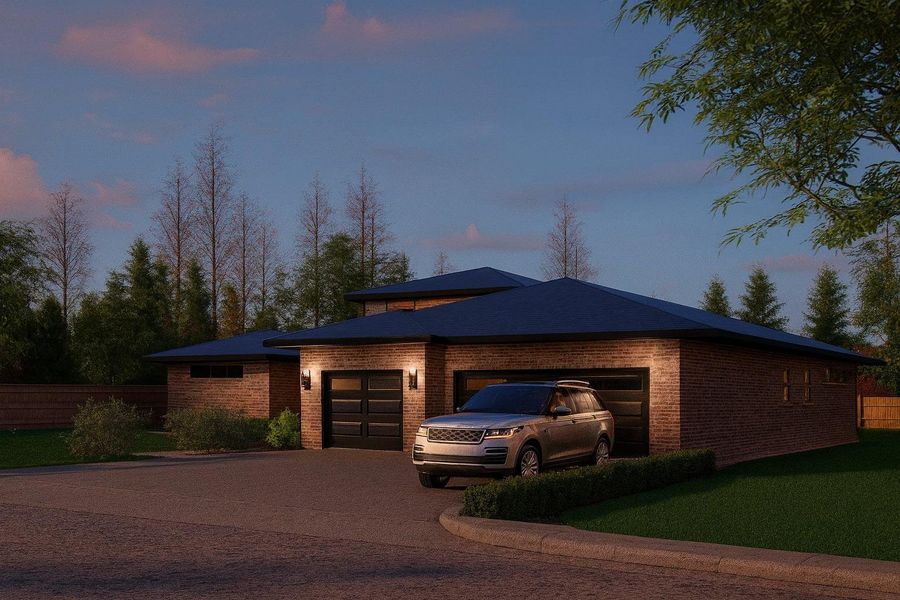 Contemporary hill country style home with brick siding, driveway, and an attached garage Contemporary hill country style home with brick siding, driveway, and an attached garage