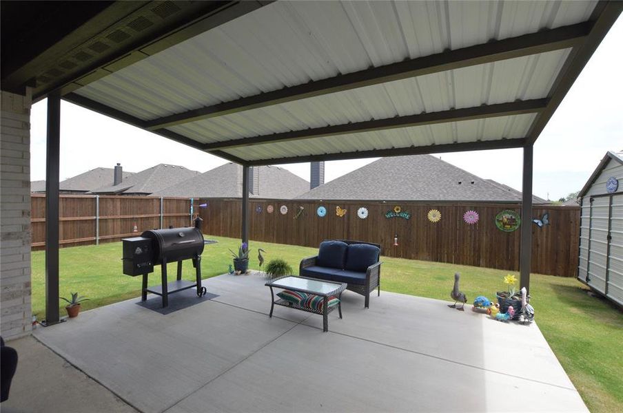 17x17 covered patio makes a great place to have a morning coffee, or to have your grill within easy reach of your house!