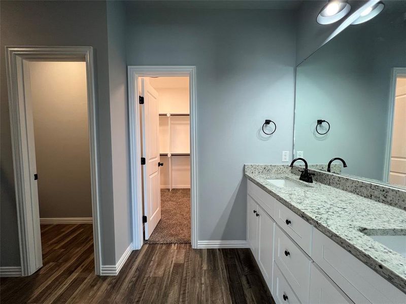 Bathroom featuring hardwood / wood-style flooring and vanity