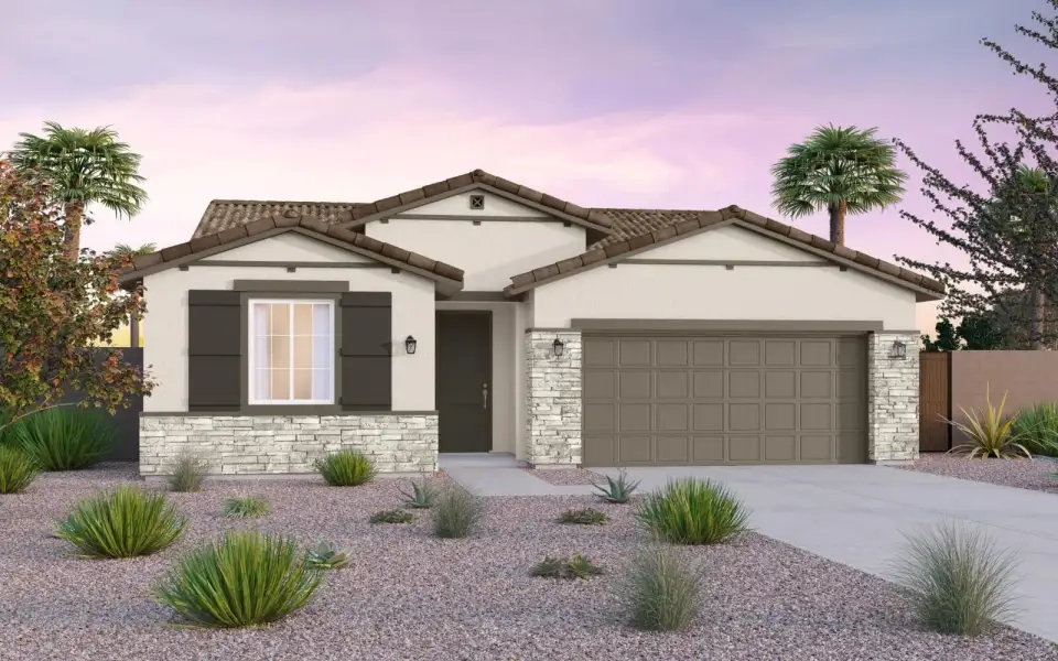 Front exterior of a new home in Blossom Rock, Apache Junction, AZ, highlighting curb appeal (Image 1). Front exterior of a new home in Blossom Rock, Apache Junction, AZ, highlighting curb appeal (Image 1).