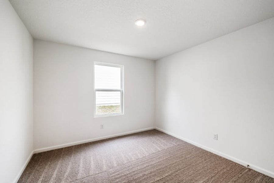 A room with a carpet and a window.
