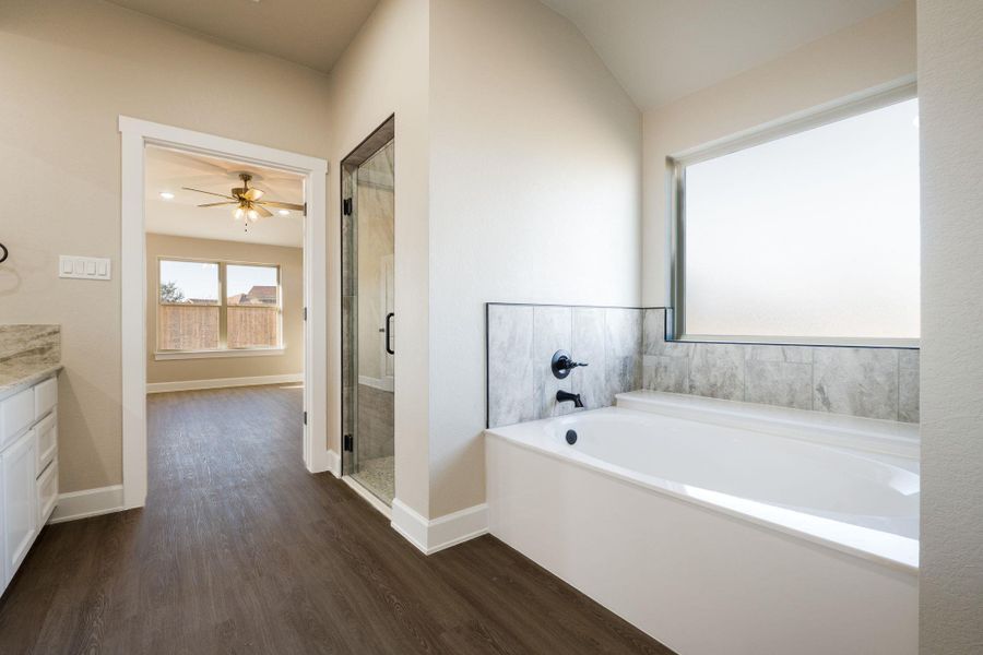 Full bath featuring a bath, vanity, dark wood-type flooring, a shower stall, and ceiling fan
