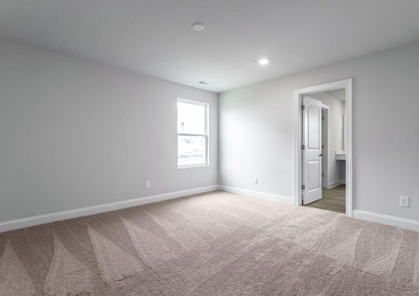 Master bedroom with carpet and a window.