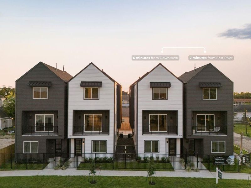 Modern farmhouse design, stand-alone single-family homes w/ 2 car garage featuring a gated front yard, 2,166 SF of living space, 4 spacious bedrooms, 3.5 baths, two covered patios, and stunning downtown views.