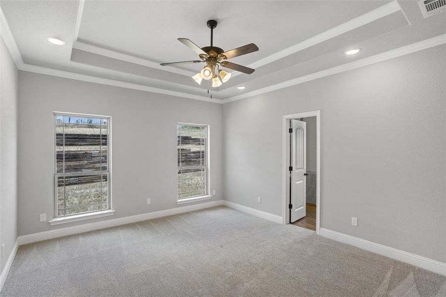 Carpeted empty room with ceiling fan, a raised ceiling, and crown molding