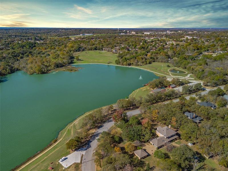 Aerial view of Waterlook Lake, fishing, pavilion area, restrooms, play area, paddle board launch