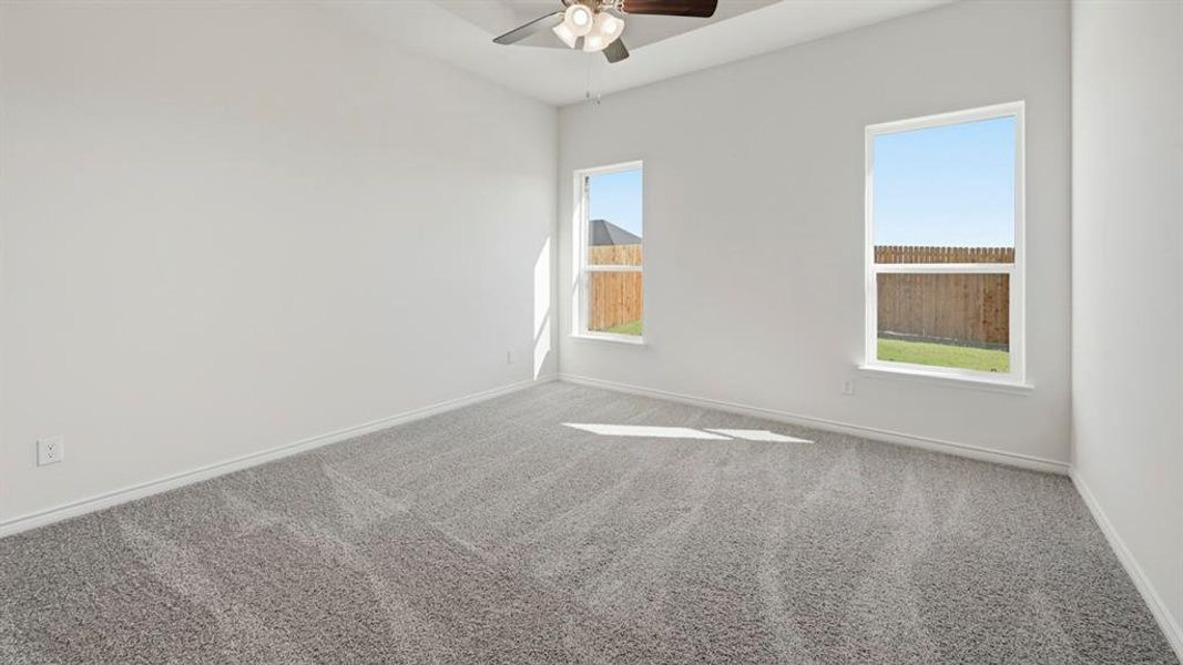 Unfurnished room featuring carpet floors, plenty of natural light, and a ceiling fan