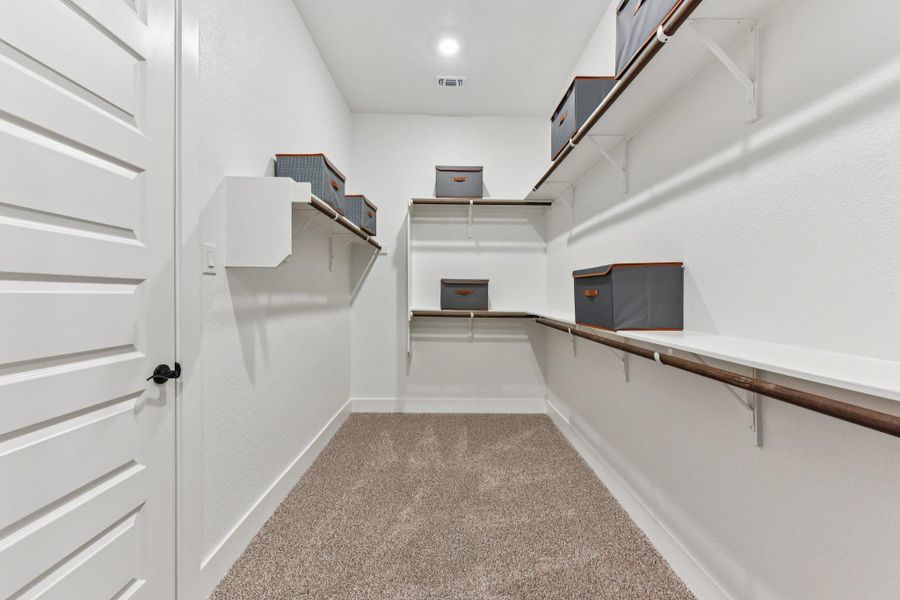 Ample built-in shelving and soft carpeting define this organized walk-in closet space.