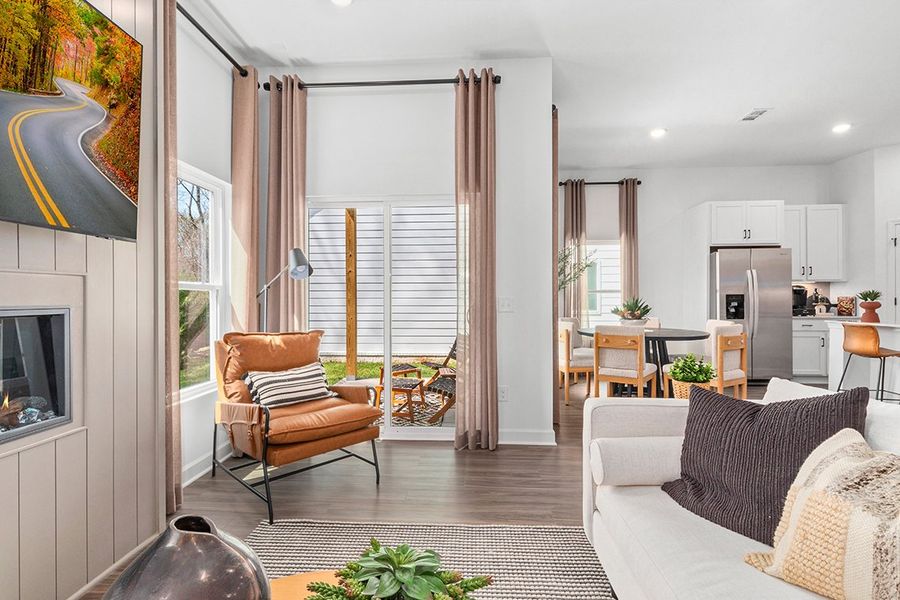 A living room with a large window.