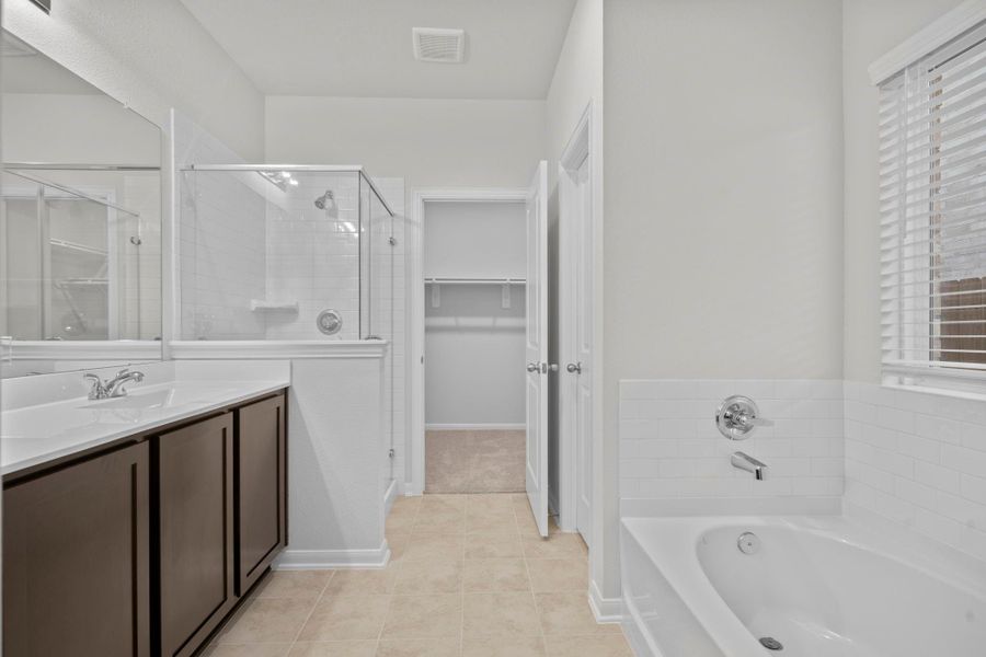 The luxurious primary bathroom offers a relaxing escape with a soaking tub, separate glass-enclosed shower, and dual vanities. The spacious walk-in closet adds convenience, making this suite both functional and indulgent. The luxurious primary bathroom offers a relaxing escape with a soaking tub, separate glass-enclosed shower, and dual vanities. The spacious walk-in closet adds convenience, making this suite both functional and indulgent.