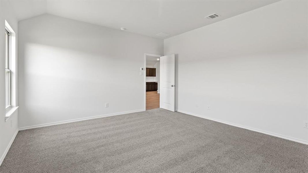 Unfurnished room with carpet floors and vaulted ceiling