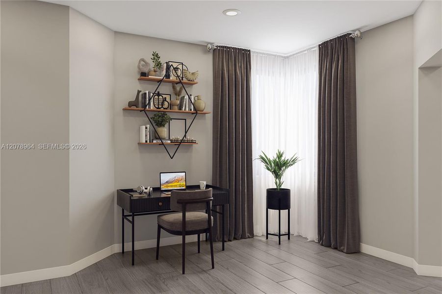 The retreat space can transform into a personal work space to suit homeowner’s changing needs, as it’s furnished here.