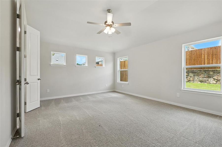 Carpeted empty room with a ceiling fan and baseboards Carpeted empty room with a ceiling fan and baseboards