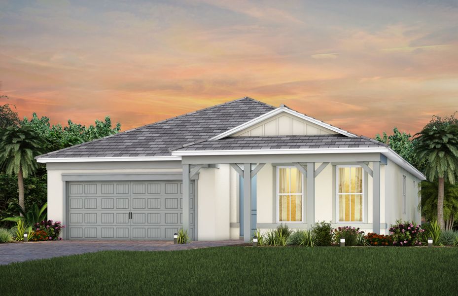 Front exterior of a new home in TerraWalk at Babcock Ranch, Alva, FL, highlighting curb appeal (Image 26).