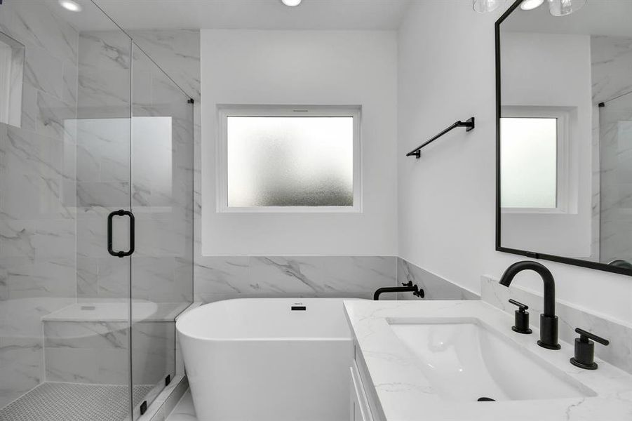 Separate soaking tub and shower