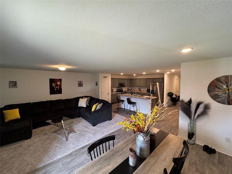 Living room with light hardwood / wood-style floors and a textured ceiling