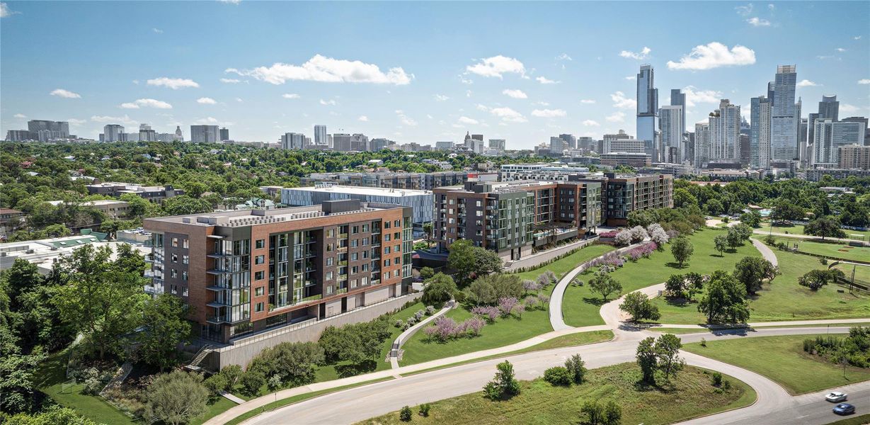 Exterior view highlighting The Belvedere’s connection to Austin’s outdoor lifestyle. Located at The Belvedere Trailhead with direct access to the Butler Hike and Bike Trail. Conveniently positioned near Lady Bird Lake, Clarksville cafés, dining, and entertainment venues in Old West Austin.