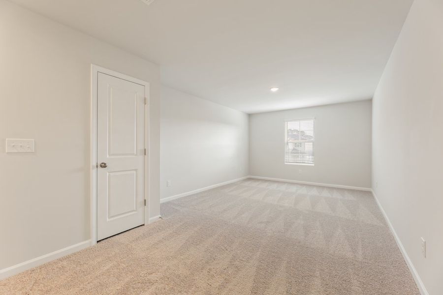 A hallway with a door and a carpet.