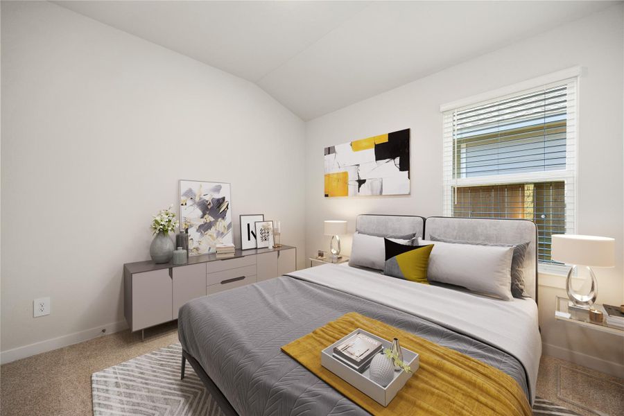 A serene retreat with plush carpet, warm tones, and plenty of natural light, this bedroom is designed for comfort and flexibility.