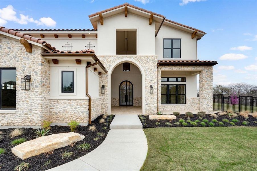Front exterior of a new home in Fleming Pointe, Fort Worth, TX, highlighting curb appeal (Image 1). Front exterior of a new home in Fleming Pointe, Fort Worth, TX, highlighting curb appeal (Image 1).