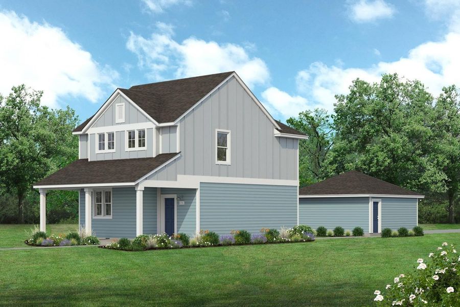 Rendering of two story two-tone blue home with blue door and detached garage with sky and landscaping Rendering of two story two-tone blue home with blue door and detached garage with sky and landscaping