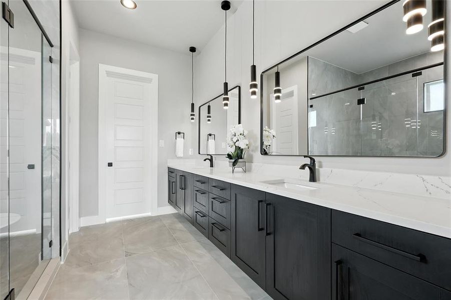 Full bathroom with double vanity and a stall shower