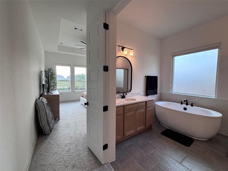 The  modern master suite with a spacious, carpeted bedroom and large windows offering natural light. The adjoining Master bathroom features a sleek freestanding tub, dual sinks with a stylish mirror, and a contemporary tile floor.