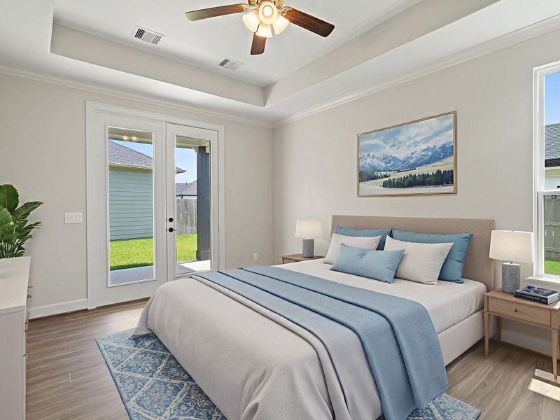 The Palazzo’s primary bedroom is a private sanctuary of sophistication and comfort, featuring expansive space, elegant design, and serene ambiance. With luxurious finishes, ample natural light, and a spa-inspired ensuite, this retreat offers the perfect blend of relaxation and refinement. *Image depicts home as-is virtually staged. The Palazzo’s primary bedroom is a private sanctuary of sophistication and comfort, featuring expansive space, elegant design, and serene ambiance. With luxurious finishes, ample natural light, and a spa-inspired ensuite, this retreat offers the perfect blend of relaxation and refinement. *Image depicts home as-is virtually staged.