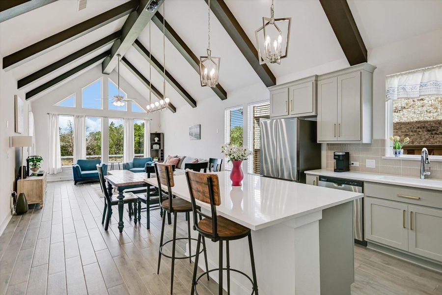Kitchen, dining bar, dining area, living
